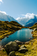 Amazing view of high altitude lake with views of Mont Blanc and the sea of ice.