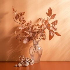 a vase of dried leaves next to an orange wall and background Generative Ai
