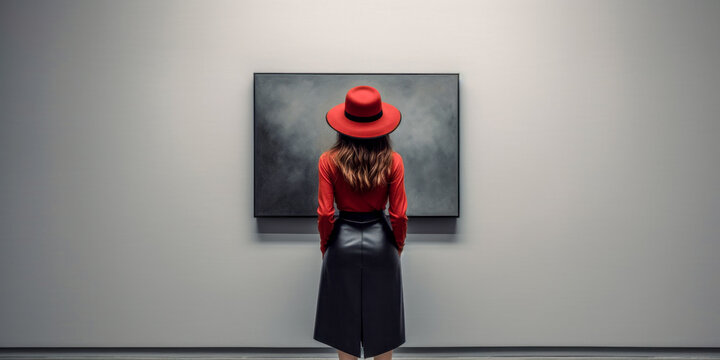 A Young Elegant Woman Looks at a Work of Art by an Unknown Master in a Museum of Modern Art Digital Art Illustration Generative AI Wallpaper Background