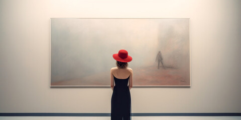 A Young Elegant Woman Looks at a Work of Art by an Unknown Master in a Museum of Modern Art Digital Art Illustration Generative AI Wallpaper Background