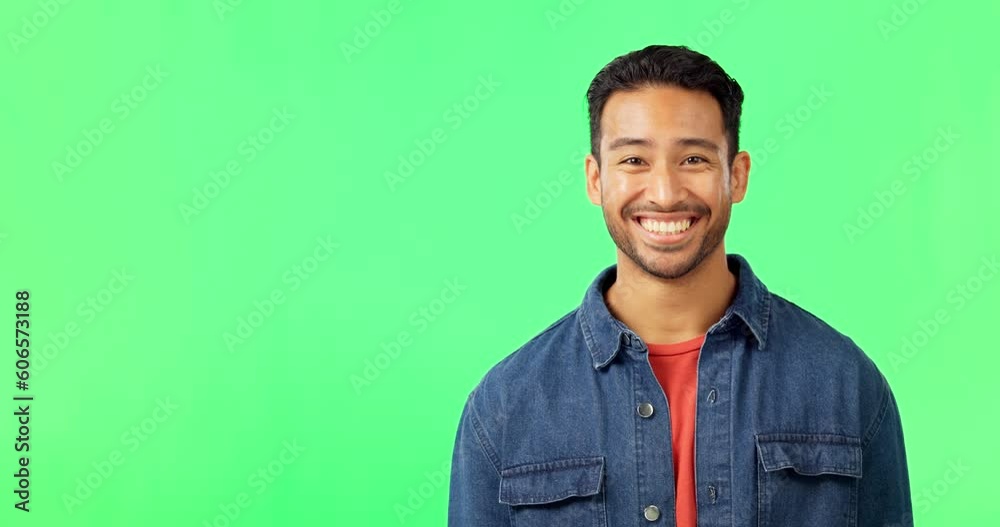 Canvas Prints Portrait, yes and happy man on green screen with mockup, agreement and space for product or information. Happiness, positive opinion and model with smile, nodding head and good review announcement.