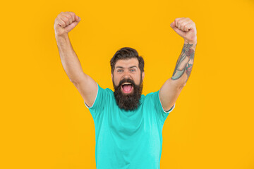Fototapeta premium portrait of successful brutal man with beard isolated on yellow. portrait of brutal man
