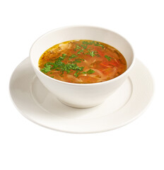 bowl of chicken broth soup with vegetables and rice isolated on white background