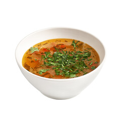 Traditional Russian cabbage soup Shchi on a plate, isolated on white.