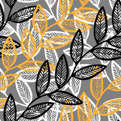 Vector Illustration of black white and yellow doodle leaves isolated on a gray background, Seamless diagonal pattern