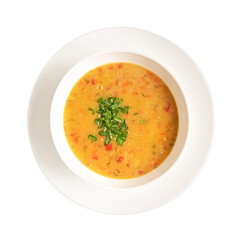 Pea soup in bowl on a plate, isolated on white. photo for the menu