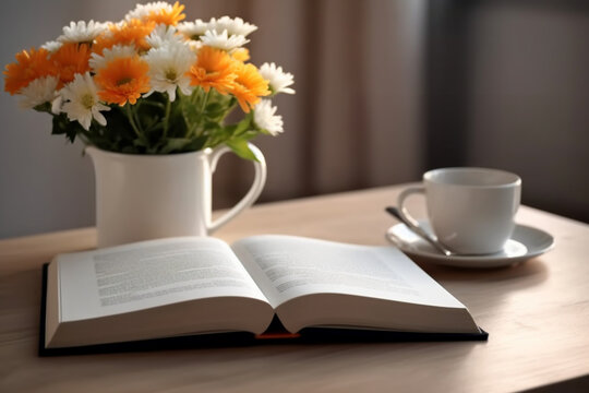 Books, flowers, white cup and opened diary on wooden table Generative AI