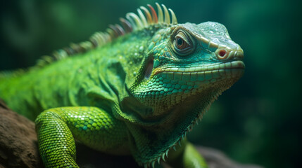 Fototapeta premium brightly coloured Lizard close up macro, animal portrait , Created using generative AI tools.