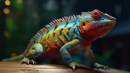 Naklejka premium Kolorowa jaszczurka w zbliżeniu makro, portret zwierzęcia, Stworzone przy użyciu generatywnych narzędzi AI.