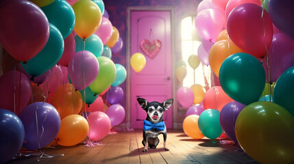 Generative Ai image of a chihuahua sitting in a room filled with balloons - 606575183