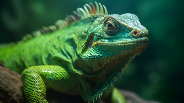 brightly coloured Lizard close up macro,  animal portrait , Created using generative AI tools.
