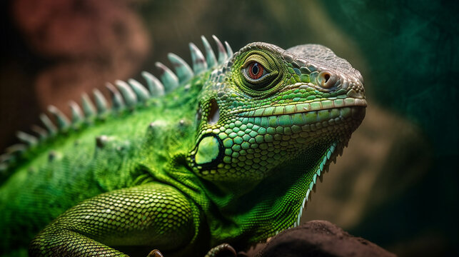 brightly coloured Lizard close up macro,  animal portrait , Created using generative AI tools.