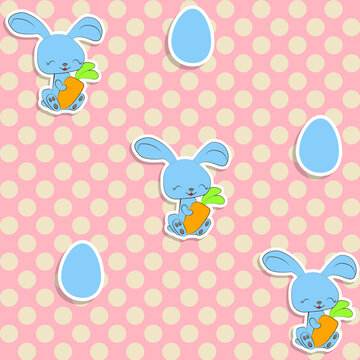 Seamless pattern with cute easter bunny and polka dots. Happy Easter endless background. Retro style vector illustration.