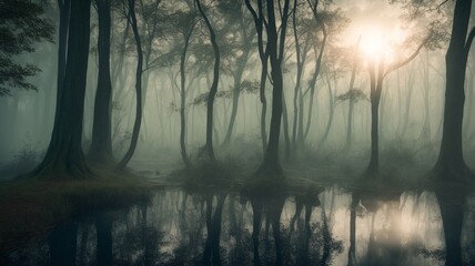 A Composition Of A Majestic Forest With A Pond And Sun Shining Through The Trees