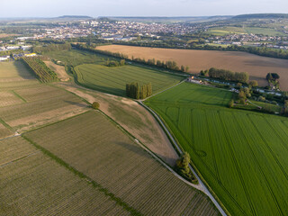 Fototapeta na wymiar Panoramic aerial view on green premier cru champagne vineyards and fields near village Hautvillers and Cumieres and Marne river valley, Champange, France