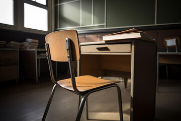 School desk with books and blackboard in the background AI-Generated 