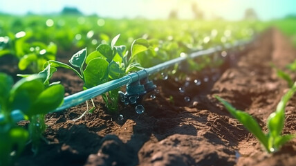 Watering plants and vegetables in the field, drip irrigation, close-up, Generated AI - obrazy, fototapety, plakaty