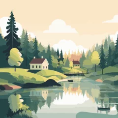 Gordijnen Vector illustration with a simple bright landscape with beautiful houses, lake and mountains in the background © Viktoriia