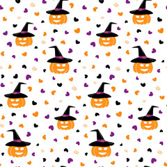 Seamless pattern of Halloween smiling pumpkin in a witch hat and hearts around in trendy shades. EPS