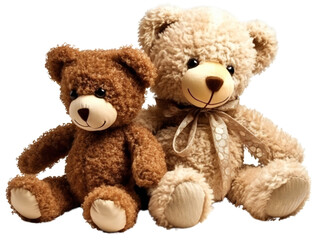 Two teddy bears together. Kids toys. Isolated on a transparent background. KI.
