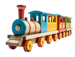 Toy wooden train. Toy locomotive. Children's toy. Isolated on a transparent background. KI.
