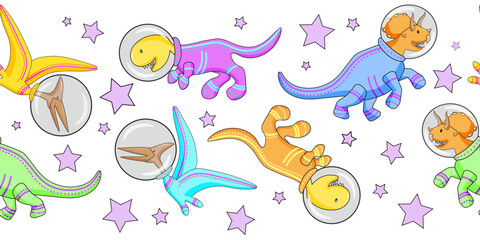 Dinosaur astronauts in colorful space suits on a white background with stars. Seamless border. Cartoon vector illustration.