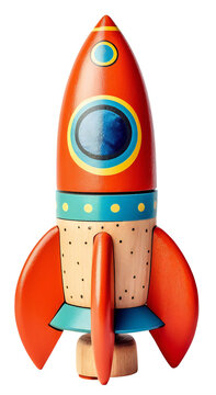 Wooden, toy, red rockets. Children's toy. Isolated on a transparent background. KI.