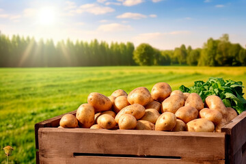 Wooden box full of potatoes on table with green field on sunny day. Generative AI