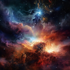 Obraz premium Beautiful Fiery Nebula, Fantasy Sky Imagery, Vibrant Nebula Clouds And Stars