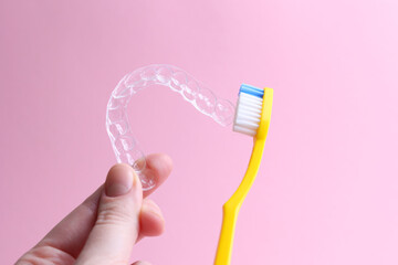 Cleaning plastic aligner aligners with a toothbrush 