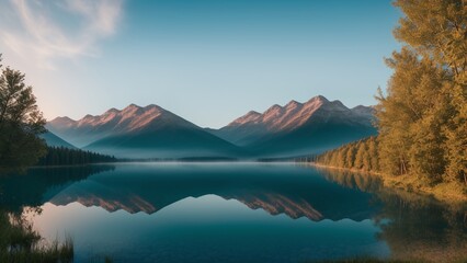 A Picture Of An Expressive Image Of A Mountain Lake With A Few Trees - obrazy, fototapety, plakaty