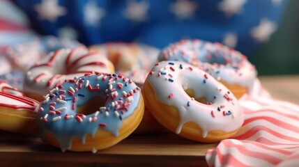 Fototapeta na wymiar assortment of donuts with icing with the American flag pattern on the icing, on a wooden table against the background of the American flag. Donut Day in the USA. Generative AI