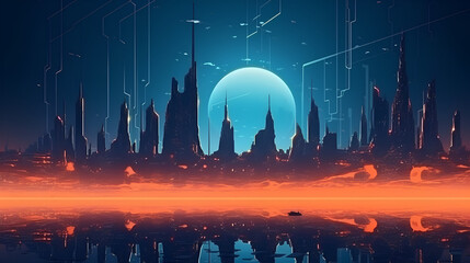 Futuristic Skyline and full moon reflected in the water, Generative AI