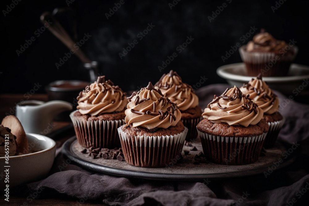 Wall mural Chocolate cupcakes with chocolate frosting and sprinkles, generative AI