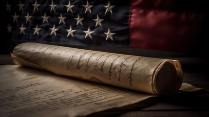 A copy of the United States Declaration of Independence with a vintage American flag on a wood background. Generative AI 