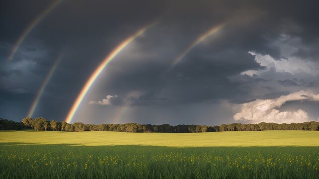 A Beautifully Elegant View Of A Field With Two Rainbows In The Sky