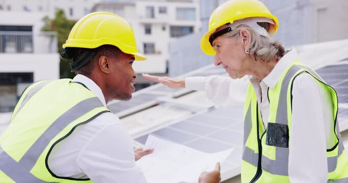Business, engineer and employees outdoor, documents and discussion for new project, planning and deadline. Staff, black man and woman with hard hat, conversation and maintenance with contractor