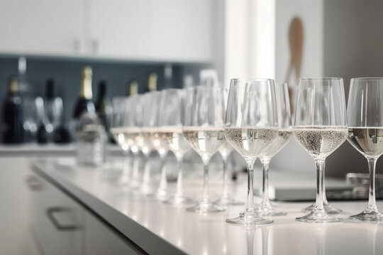 Sparkling wine in flute glasses in a white kitchen, generative AI