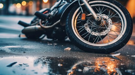 Close-up of a motorcycle accident on the city street.broken motorcycle on the roadway.motorcycle wheel after an accident on the road. life insurance and protection concept.Generative AI
