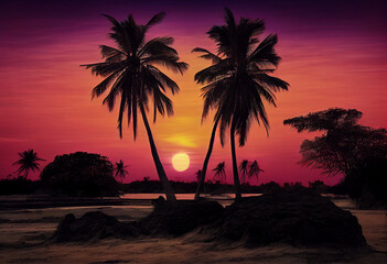 palm trees and sunset with seaside in madagaskar Generative AI - obrazy, fototapety, plakaty