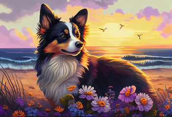 Naklejka na ściany i meble a dog with sunset and seaside with flowers Generative AI