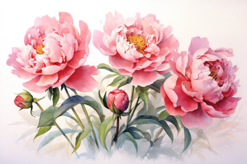 Watercolor painting, white and pink peonies on abstract watercolor background. Generative AI.