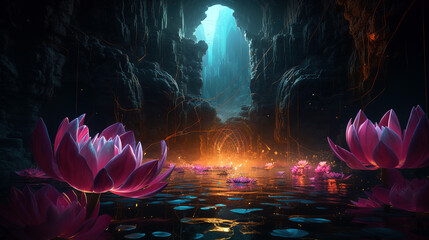 The meditative imagery, Bioluminescent lotus flowers in a cave, generative ai