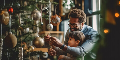 Diverse family father and little son decorating christmas tree with balls.