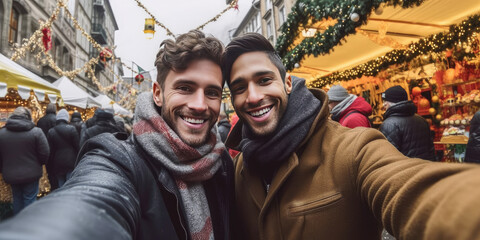 Two smiling handsome men taking selfie on christmas market. Generative AI.