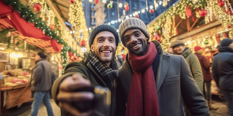 Fototapeta na wymiar Diverse gay couple taking selfie on christmas market with golden lights bokeh background. Generative AI.