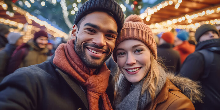 Portrait of diverse couple looking at camera smiling at christmas market. Generative AI.