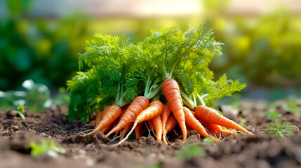 Freshly picked carrots on the soil in a field of a farm, agriculture and vegetables farming concept. Generative AI
