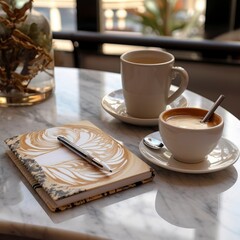 an open notebook next to a coffee and a laptop Generative Ai