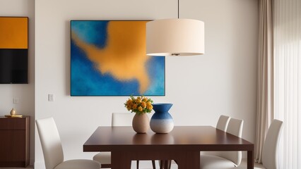 A Picture Of A Detailed Painting Hangs Above A Dining Table